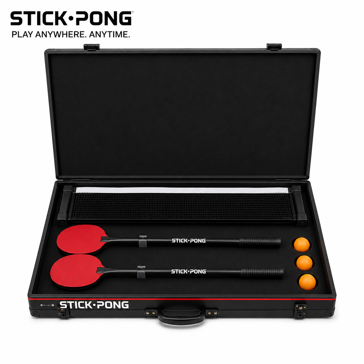 Stick Pong carrying case open with paddles, balls, and net stored inside