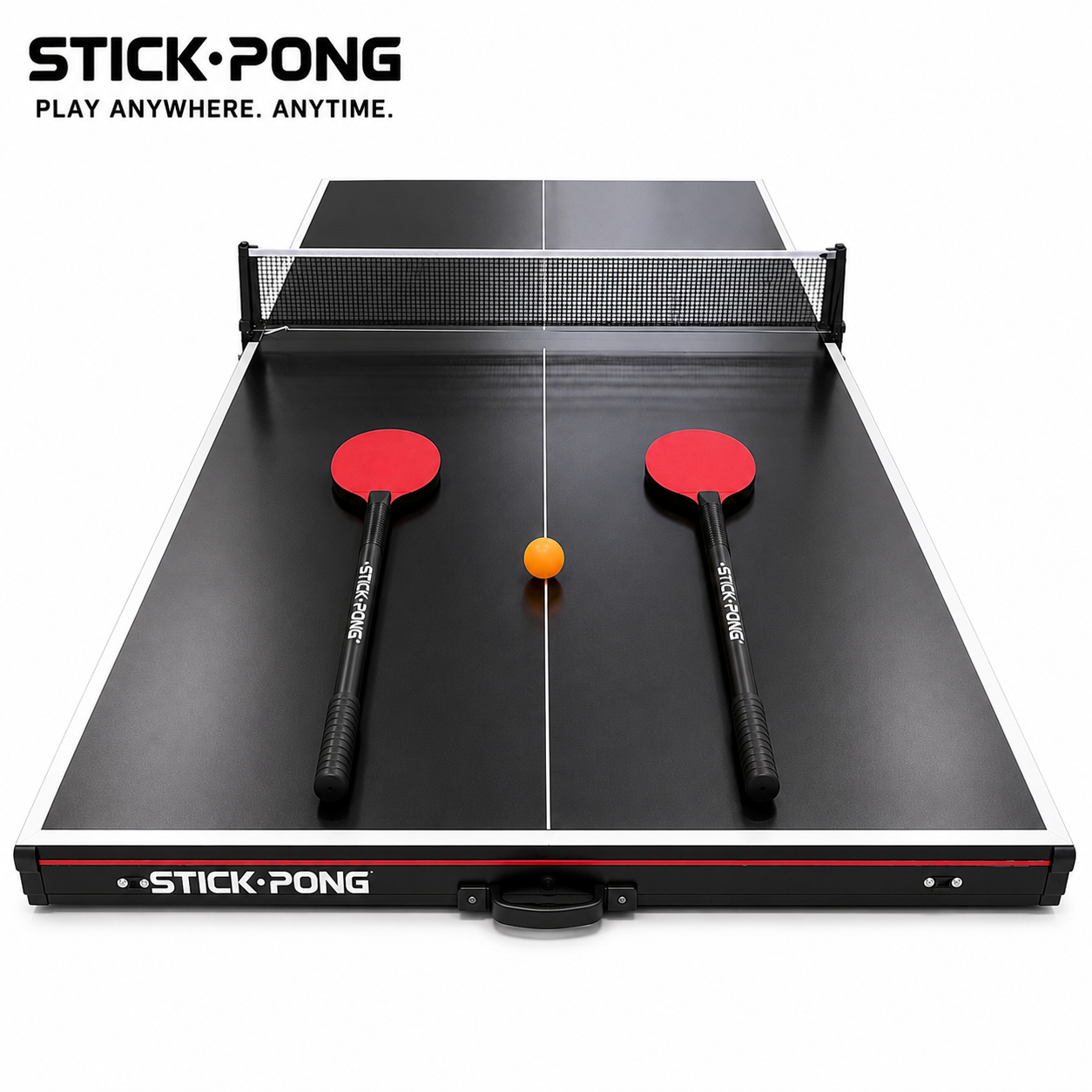 Stick Pong set in play mode with net, paddles, and ball