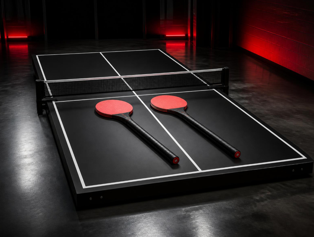 Stick Pong portable table with net and two long-shaft paddles